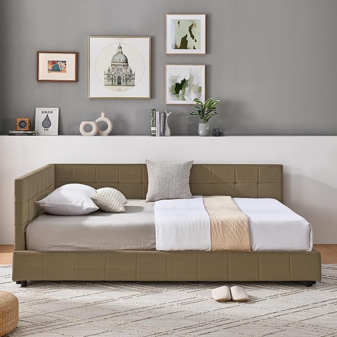 Bellemave Full Size Corner Bed Frame with Comfortable Backrest and Armrests, Velvet Tufted Corner Bed Frame Full Size, Upholstered Daybed for Bedroom, Living Room, Guest Room, Brown