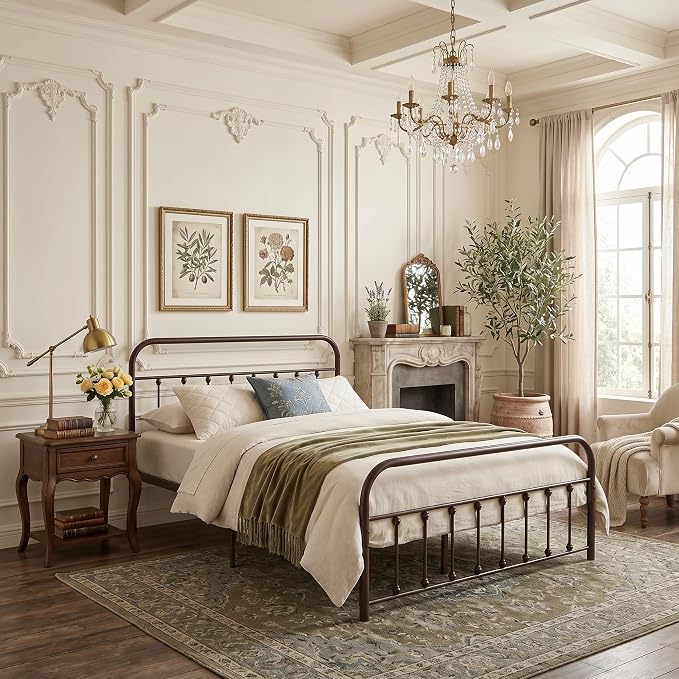 VECELO Full Size Victorian Style Metal Bed Frame with Headboard and Footboard Under Bed Storage No Box Spring Needed Strong Slat Suppor Bed Frame Purple Bronze