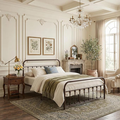 VECELO Full Size Victorian Style Metal Bed Frame with Headboard and Footboard Under Bed Storage No Box Spring Needed Strong Slat Suppor Bed Frame Purple Bronze