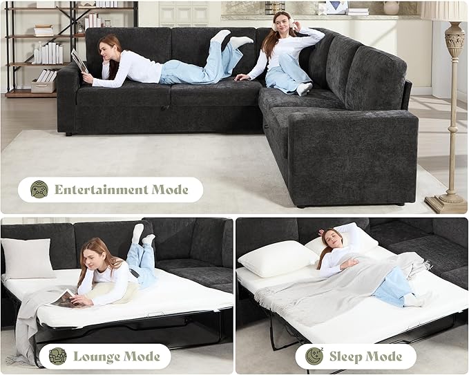 AMERLIFE 106" Oversized Sofa Bed, Sectional Sleeper Sofa with Pull Out Bed, 3 in 1 Convertible Sofa Bed, L Shaped Couch with Storage, High Resilience Mattress, Chenille Grey