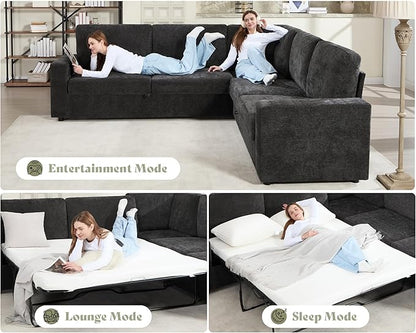 AMERLIFE 106" Oversized Sofa Bed, Sectional Sleeper Sofa with Pull Out Bed, 3 in 1 Convertible Sofa Bed, L Shaped Couch with Storage, High Resilience Mattress, Chenille Grey