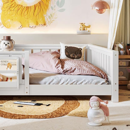 Bellemave Full Size Floor Bed with Slats and Guardrails, Full Size Montessori Floor Bed with Bookcase and Fence, Low Profile Montessori Beds for Kids, White Floor Beds Frame