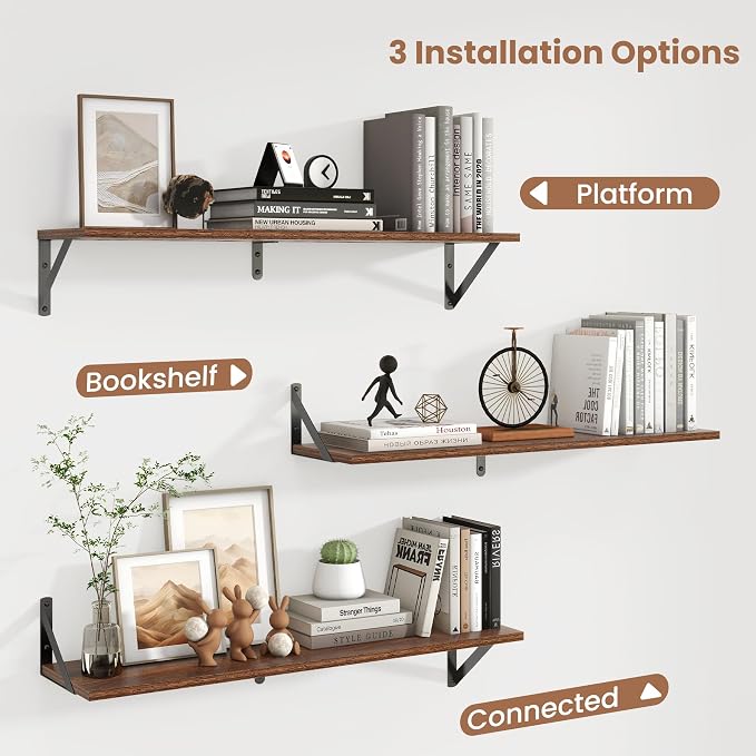 Axeman 32 Inch Floating Shelves | 8 Inch Deep Walnut Wall Shelves Set of 2 | 31.5W x 8D Rustic Wood Shelves for Bookshelf Living Room Bedroom Home Office Bathroom