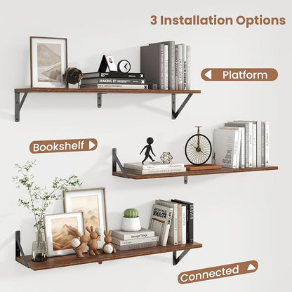 Axeman 32 Inch Floating Shelves | 8 Inch Deep Walnut Wall Shelves Set of 2 | 31.5W x 8D Rustic Wood Shelves for Bookshelf Living Room Bedroom Home Office Bathroom