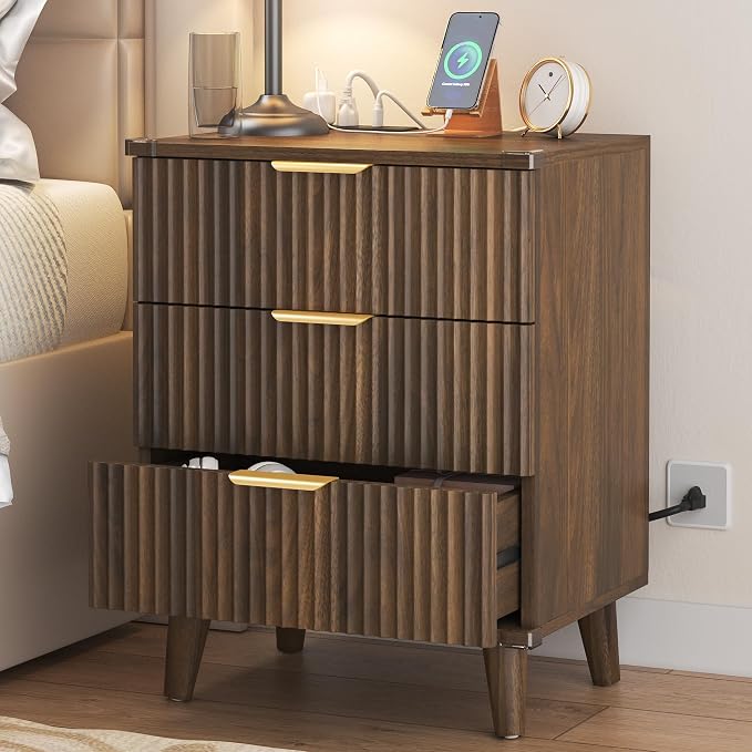 Lulive Wood 3 Drawers Dresser Fluted Night Stand with Charging Station, Storage Nightstand Modern Side Table, Bedside Table for Bedroom, Entryway