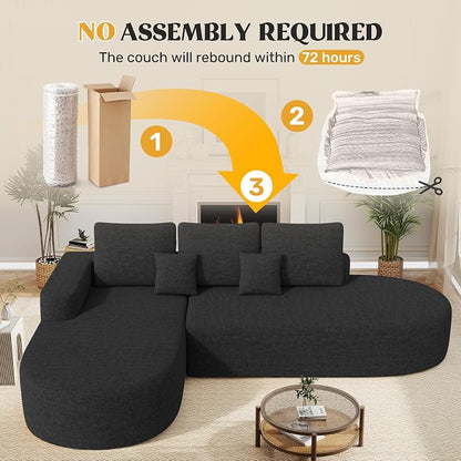 112" Modern Curved Cloud Couch, Chenille Boneless Couches for Living Room with Deep Seat, Memory Foam Compressed Modular Sectional Sofa, No Assembly Required,Black 1 PCS