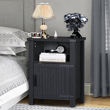 Joaxswe Night Stand Set of 2, 18 Inch Farmhouse Nightstand with with Charging Station and USB Port, Rustic Couch End Table with Magnetic Door, Wood Bed Side Tables for Bedroom, Home, Black