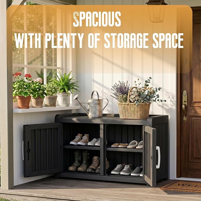 ROJIK Shoe Cabinet Waterproof UV-Resistant,Storage Bench Indoor Outdoor with Adjustable Shelves,for Entryway Bedroom,Hallway,Living Room(Double Door,Black)