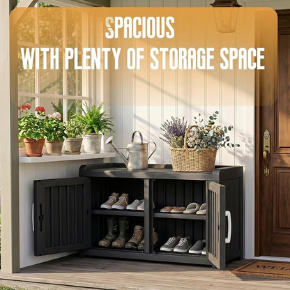 ROJIK Shoe Cabinet Waterproof UV-Resistant,Storage Bench Indoor Outdoor with Adjustable Shelves,for Entryway Bedroom,Hallway,Living Room(Double Door,Black)