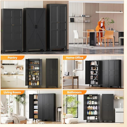 72" Tall Kitchen Cabinet Storage Unit With 2 Doors and 4 Adjustable Shelve, Metal Black Freestanding Cupboard, 5 Tier Kitchen Pantry Storage Cabinet for Kitchen Dining/Living Room/Garage/Home/Office