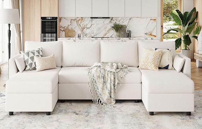 Huatean Home 114.17" Modular Sectional Sofa, 6 Seat Modular Couch with Storage, Memory Foam, Convertible Sectional Couches for Living Room, U Shaped Comfy Modular Sofa with Chaise, Beige