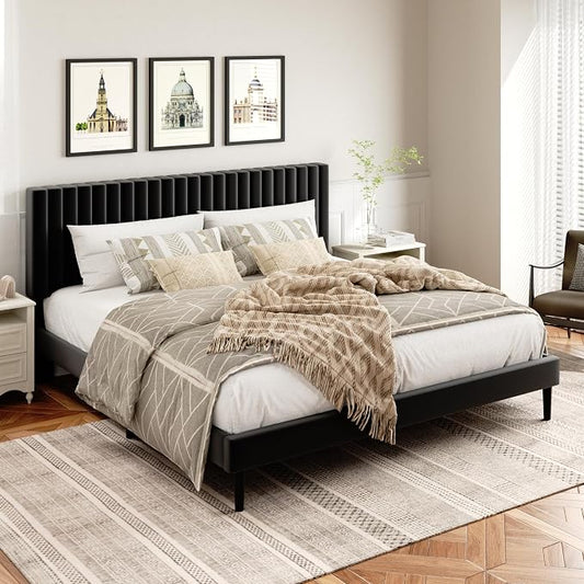 HAOARA King Size Bed Frame, King Size Platform Bed Frame and Velvet Upholstered Headboard with Strong Wood Slats, Box Spring Optional, Mattress Foundation, Easy Assembly Black
