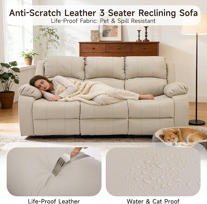 Reclining Loveseat Sofa Leather Recliner Sofa 3 Seater Couch for Living Room, Home Theater Seating(3 Seat,Beige)