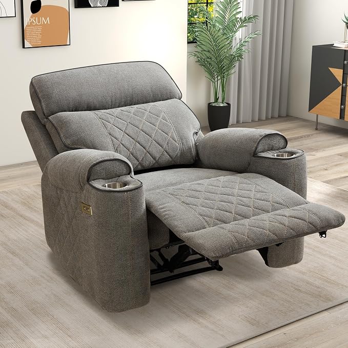 HAOMARKETS Electric Recliner Chair, Soft Fabric Power Recliners with Metal Cup Holders, Single Overstuffed Heavy Duty Reclining Sofa Chairs for Living Room Bedroom, Light Grey