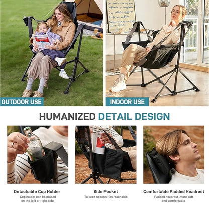 EVER ADVANCED Padded Oversized Hammock Camping Chair, Compact Heavy Duty Swing Chair with Multi-Storage Pockets, Portable Folding Rocking Camping Chair, Support Up to 400lbs, Black