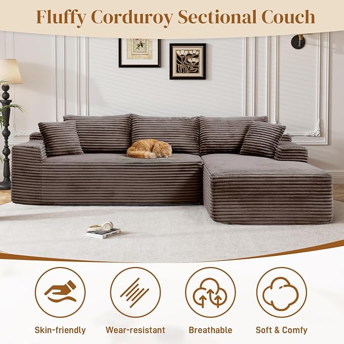 95" L Shaped Boneless Sectional Couches, Wide Armrest, Deep Seat, Memory Foam, Assembly Free, Modern Comfy Corduroy Fluffy Cloud Sofa with Right Chaise for Living Room, Small Spaces, Brown