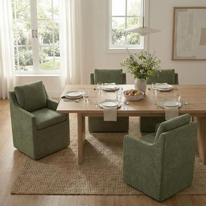 KISLOT Upholstered Dining Chairs Set of 4, Modern Dining Room Chairs with Casters & Washable Cover, Rolling Accent Chair with Hidden Storage for Kitchen, Farmhouse, Living Room, Green, 4 Box