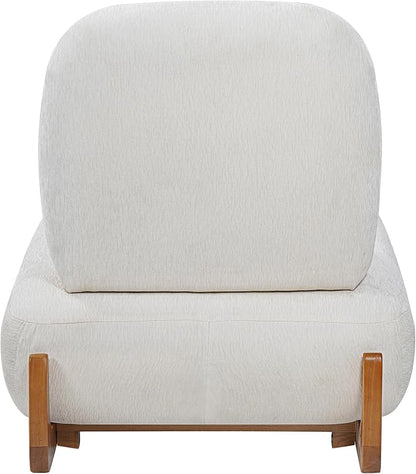 Merax Linen Accent Chair with Curved Wood Base and Lumbar Pillow, Off-White + Natural