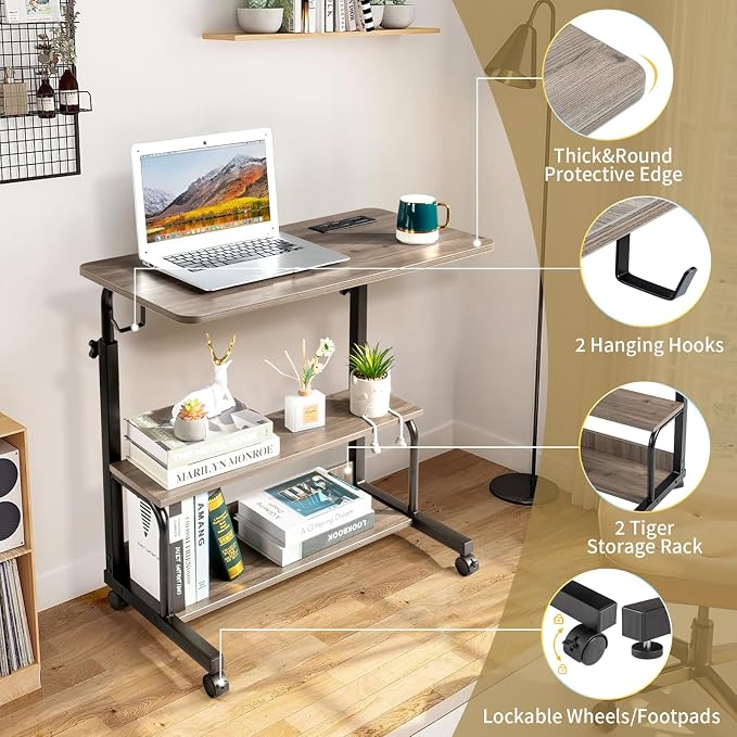 Mobile Laptop Desk with Power Outlets, Height Adjustable TV Tray Table with Storage Shelf, Rolling Computer Table with USB Ports (Grey Oak)