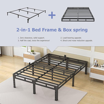 NKZ 18 Inch King Size Bed Frame, Metal Bed Frame & Box Spring 2 in 1 Platform with Round Corner Legs, 4000Lbs Heavy Duty Metal Frame, Mattress Slide Stopper, Headboard Hole, Noise-Free, Easy Assembly