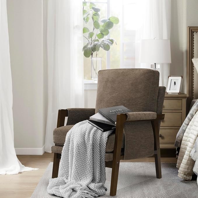 RNKSFX Dark Brown Accent Chair for Bedroom & Living Room, Mid Century Modern Accent Arm Chair, Upholstered Anthropologie Accent Chair with Solid Wood Frame, Fabric