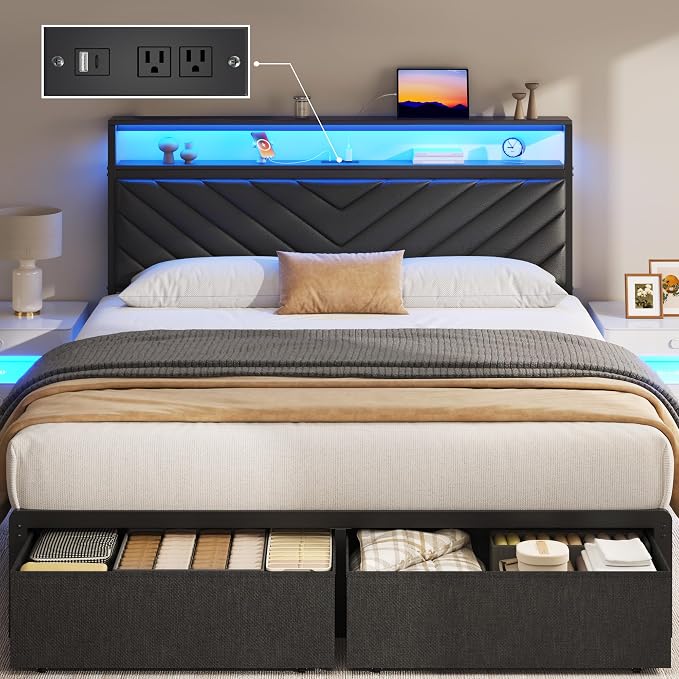 Fluest Queen Bed Frame with 2 Drawers, Upholstered Headboard with Storage and Charging Station, LED Lights, Fabric Drawers with Wheels, Under Bed Storage, No Box Spring Needed, Easy Assembly, Black