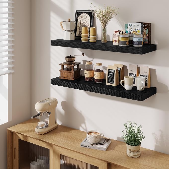 Fun Memories Floating Shelves for Wall 36 Inches, Wood Shelves with Invisible Bracket, 10" Deep Shelves Wall Mounted, Large Wood Floating Shelves for Living Room Bathroom, Black, Set of 2
