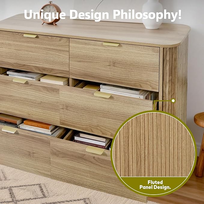3-Piece Bedroom Furniture Set, Modern Fluted 6 Drawer Dresser & 2-Drawer Nightstands,Mid-Century Wood Storage Cabinet Set n for Bedroom, Hallway (Walnut)
