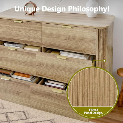 3-Piece Bedroom Furniture Set, Modern Fluted 6 Drawer Dresser & 2-Drawer Nightstands,Mid-Century Wood Storage Cabinet Set n for Bedroom, Hallway (Walnut)