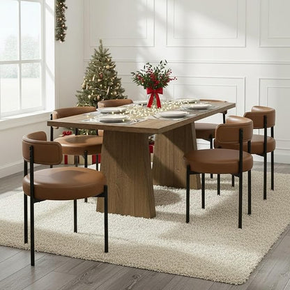 Faux Leather Dining Chairs Set of 4, Upholstered Kitchen and Dining Room Chairs, Mid-Century Modern Dining Chairs with Round Back and Black Metal Legs, Vegan Leather, Brown
