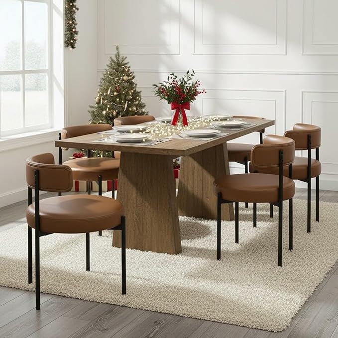 Faux Leather Dining Chairs Set of 6, Upholstered Kitchen and Dining Room Chairs, Mid-Century Modern Dining Chairs with Round Back and Black Metal Legs, Vegan Leather, Brown