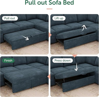 HONBAY Modular Sectional Sleeper Sofa, Corduroy Sleeper Pull-Out Bed Couch with Storage, U Shaped Sectional Couches for Living Room, Blue