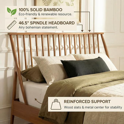Merax King Size Solid Bamboo Wood Spindle Platform Bed with 46.5" Tall Headboard, Bohemian Bed Frame with Wooden Slats and Metal Support, Mid-Century Modern Style, No Box Spring Needed, Brown