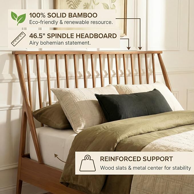 Merax Queen Size Solid Bamboo Wood Spindle Platform Bed with 46.5" Tall Headboard, Bohemian Bed Frame with Wooden Slats and Metal Support, Mid-Century Modern Style,No Box Spring Needed, Brown