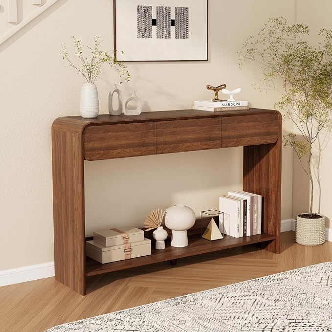Nasonet Mid Century Modern Console Table, Entryway Table with 3 Storage Drawers, Wood Sofa Table Behind The Console Table for Entryway, Hallway, Living Room, Walnut