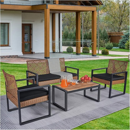 All-Weather 4 Piece Outdoor Rattan Patio Furniture Set (Light Brown) | Acacia Wood Table & Cushions