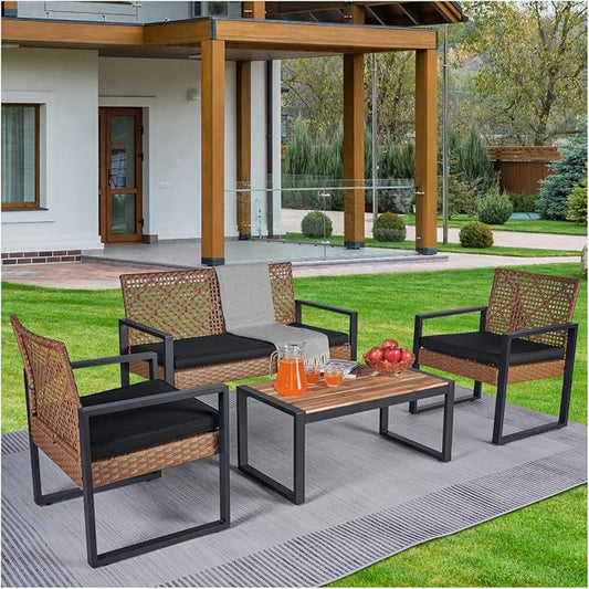 All-Weather 4 Piece Outdoor Rattan Patio Furniture Set (Light Brown) | Acacia Wood Table & Cushions