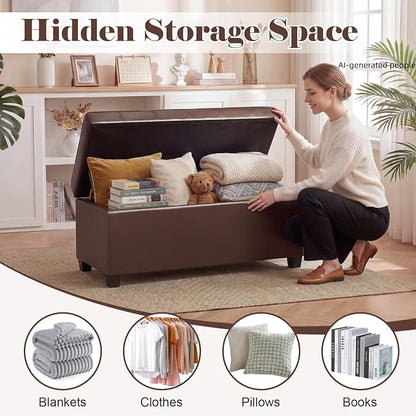 Asense 40" Storage Ottoman Bench, Faux Leather Tufted Upholstered End of Bed Bench with Safety Hinge for Bedroom,Entryway,Living Room,Dark Brown