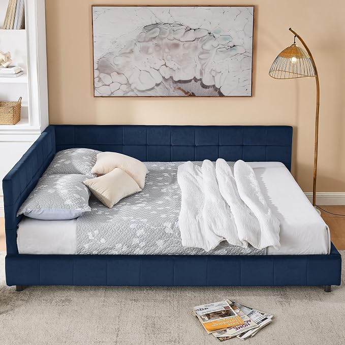 Bellemave Queen Size Corner Bed Frame with Comfortable Backrest and Armrests, Velvet Tufted Corner Bed Frame Queen Size, Upholstered Daybed for Bedroom, Living Room, Guest Room, Dark Blue