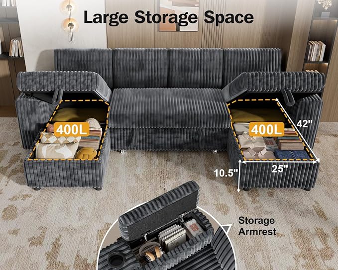 WEUP 108" Modular Sectional Sleeper Sofa with Pull Out Bed, 4 Seat Plush Corduroy U Shaped Couch with USB Ports|Cup Holders|Side Table|Storage Chaise Armrests, Tool Free Assembly, Grey