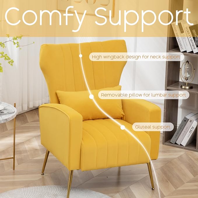 Modern Accent Chairs Set of 2, Comfy Wingback Armchair with Pillow Upholstered Sofa Chair Reading Chair for Bedroom, Living Room, Small Spaces Yellow Velvet