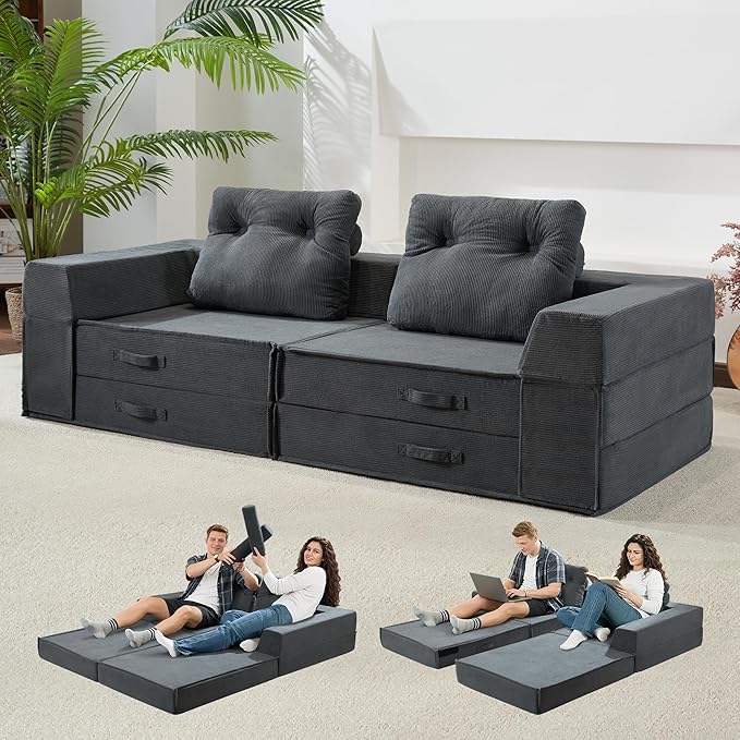 Folding Sofa Bed, 4 in 1 Convertible Sleeper Chair with Pillow, Loveseat Memory Foam Fold Out Chair Bed, Modern Floor Futon Sofa Couch Mattress for Living Room/Guest/Apartment, Black Grey | Compressed sofa