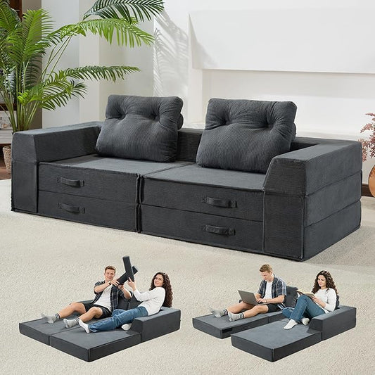 Folding Sofa Bed, 4 in 1 Convertible Sleeper Chair with Pillow, Loveseat Memory Foam Fold Out Chair Bed, Modern Floor Futon Sofa Couch Mattress for Living Room/Guest/Apartment, Black Grey | Compressed sofa
