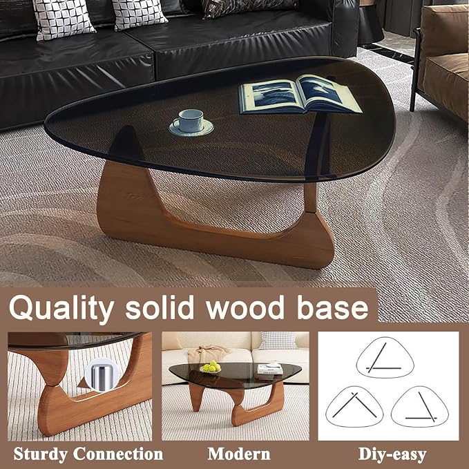 Glass Coffee Table, Mid Century Modern Coffee Table, Coffee Table for Living Room Center Table Suitable for Bedroom Living Room Reception Office Tables (Walnut/Grey, Large)