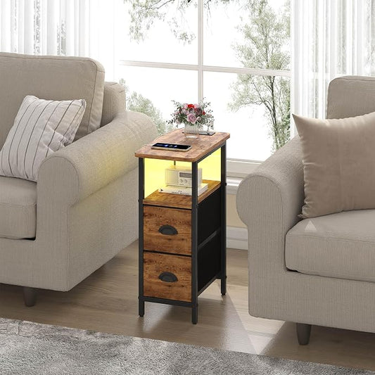 sthmec Narrow End Table with Charging Station, Narrow Side Table with 2 Fabric Drawers, LED End Table, Slim Nightstand with LED Light, Small Side Table for Small Space,Living Room,Bedroom,Rustic Brown