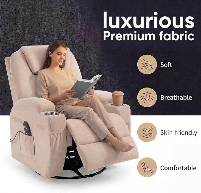 JUMMICO Small Swivel Rocker Recliner, 360 Rocking Chair Recliner with Massage, Upholstered Fabric Rocker Recliner with Cup Holder for Living Room, Bedroom, Nursery (Beige)