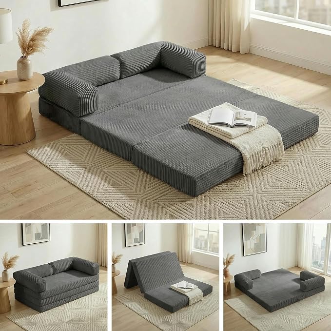 Convertible Sofa Bed,5-in-1 Tri-Fold Boneless Couch with Removable Armrests & Handle,Corduroy Futon Sleeper Sofa,Floor Folding Mattress Pull Out Bed for Small Space Apartment Living Room Bedroom