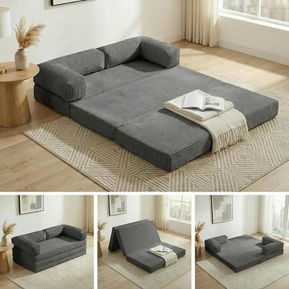 Convertible Sofa Bed,5-in-1 Tri-Fold Boneless Couch with Removable Armrests & Handle,Corduroy Futon Sleeper Sofa,Floor Folding Mattress Pull Out Bed for Small Space Apartment Living Room Bedroom