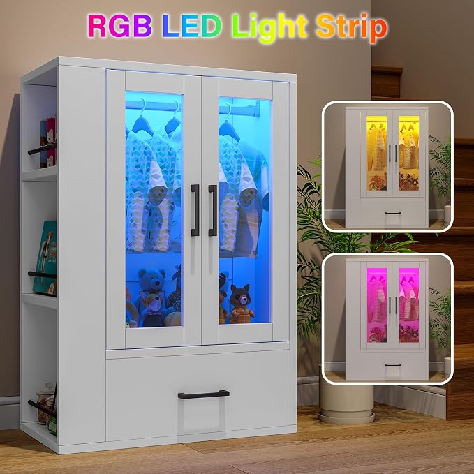 Wooden Dog Closet with LED Lights, Pet Wardrobe Organizer | Storage Cabinet for Dog & Cat Clothes, Toys, Food | Multi-Use Furniture, White
