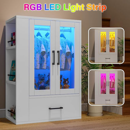 Wooden Dog Closet with LED Lights, Pet Wardrobe Organizer | Storage Cabinet for Dog & Cat Clothes, Toys, Food | Multi-Use Furniture, White